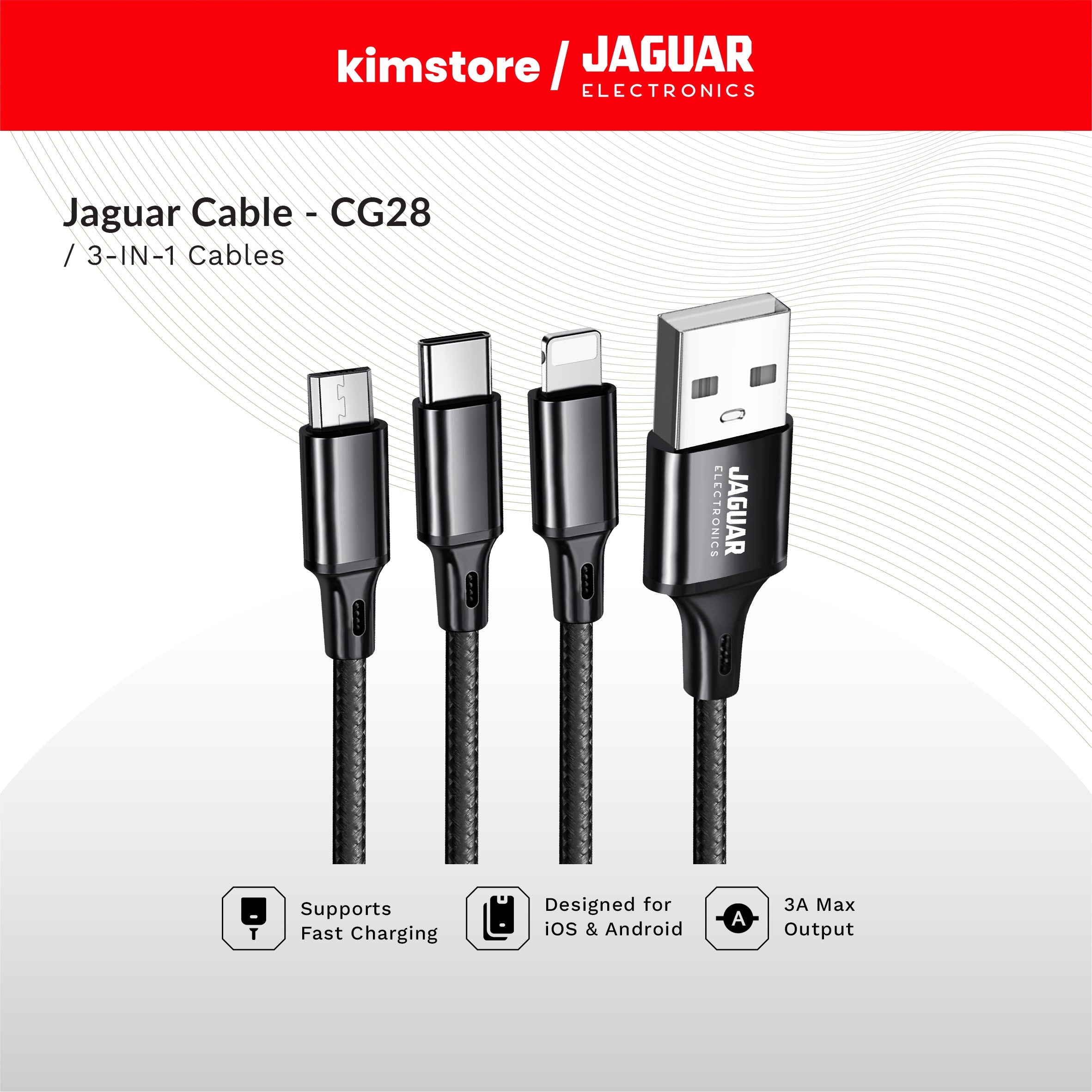 Jaguar Electronics CG28 1.5A - 2.8A 1 Meter Fast Charging 3-in-1 Cable