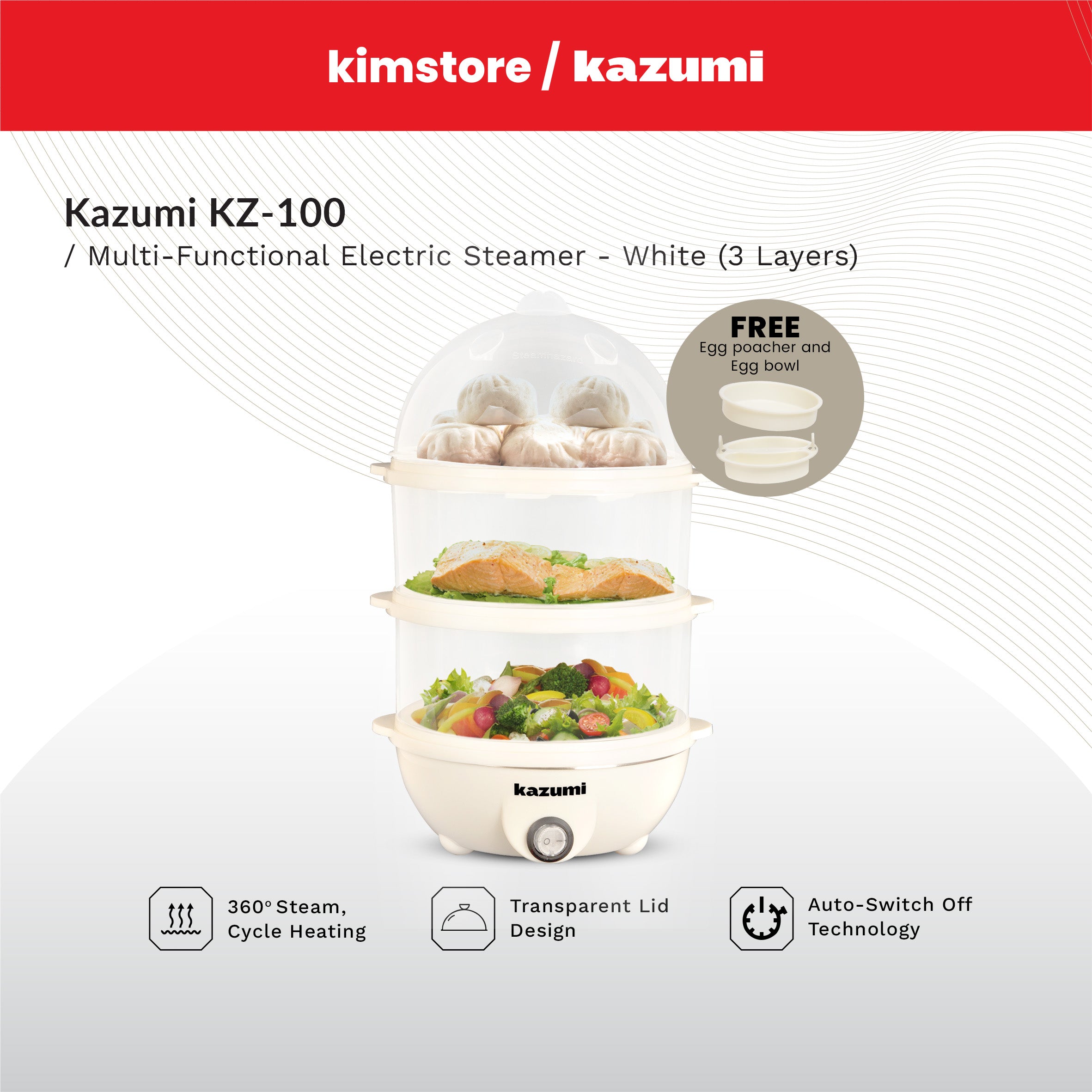 [Open Box] [B] Kazumi KZ-100 Multi-Functional Electric Steamer 3 Layers 350W