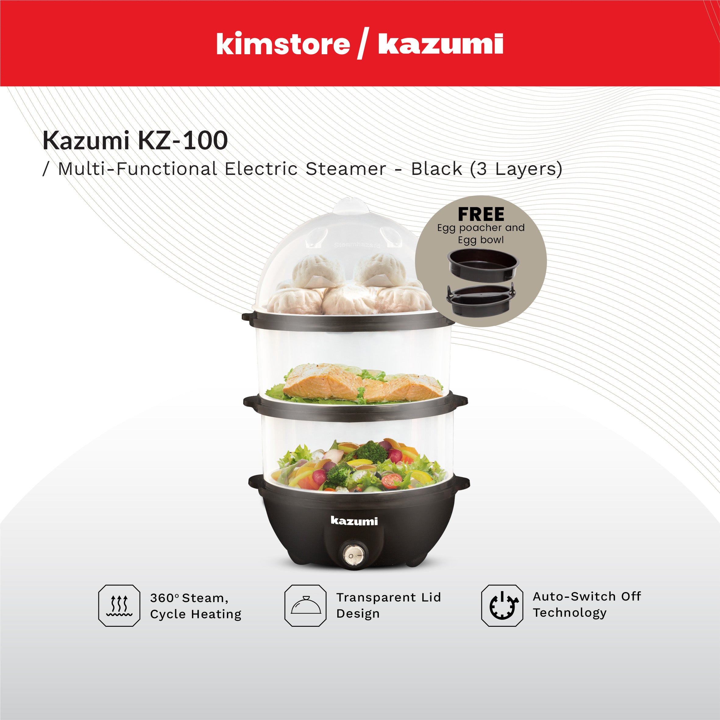 [Open Box] [B] Kazumi KZ-100 Multi-Functional Electric Steamer 3 Layers 350W