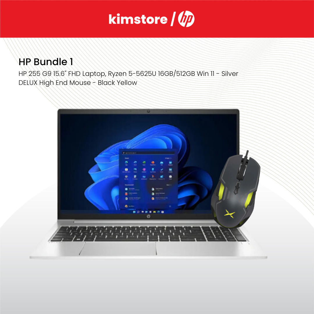 BUNDLE: HP 255 G9 15.6" FHD Laptop, Ryzen 5-5625U 16GB/512GB Win 11 - Silver + DELUX M628BU (PMW3389) High End Mouse - Black Yellow