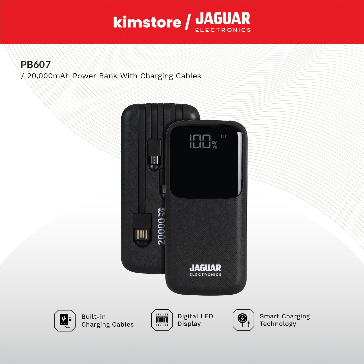 Jaguar Electronics PB607 20000mAh Power Bank with Charging Cable