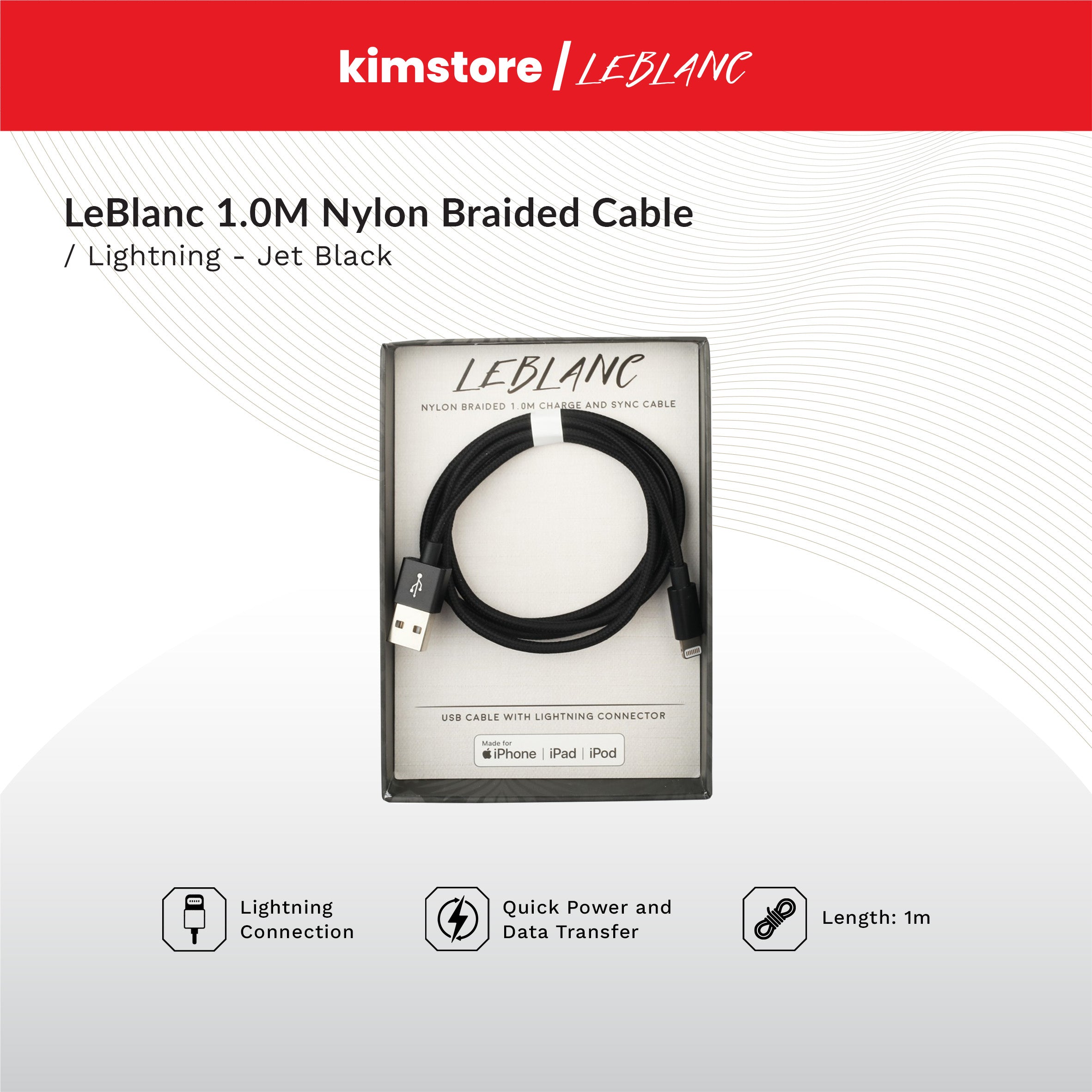 Bundle: LE BLANC Nylon Braided Cable 1.0m Jet Black [B1T1]