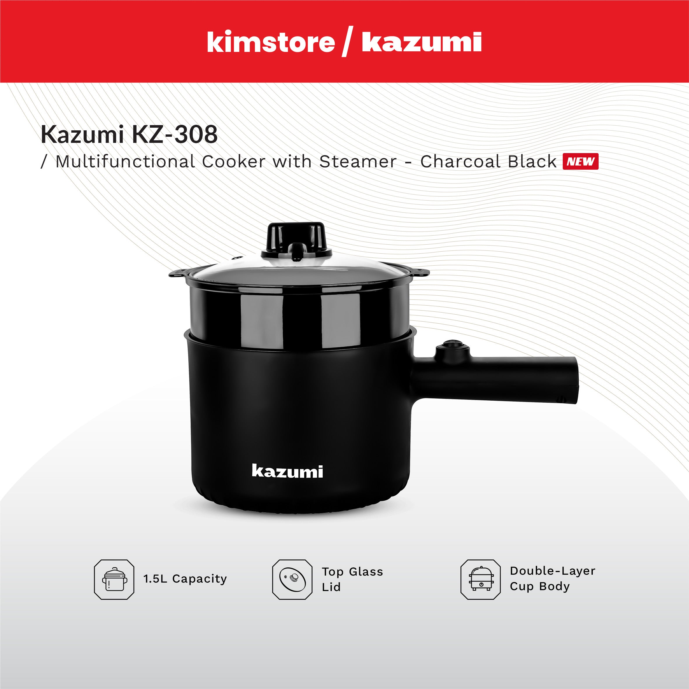 [Open Box] [B] Kazumi KZ-308 1.5L Multifunctional Cooker with Steamer - Charcoal Black