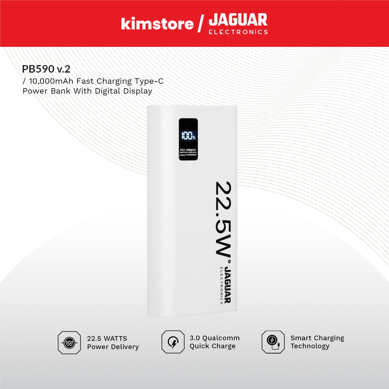 Jaguar Electronics PB590 V2 10000mAh Power Bank Digital Display 22.5W PD/QC 3.0 Fast Charging