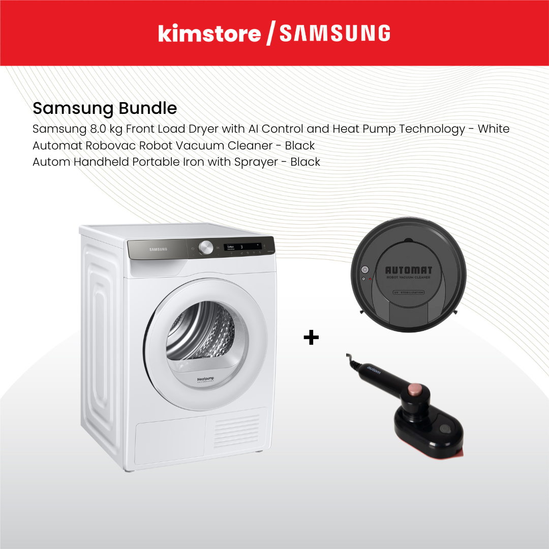 Bundle: Samsung 8.0 kg Front Load Dryer with AI Control and Heat Pump Technology + Automat Robovac Vacuum Cleaner + Autom Handheld Portable Iron (Pre-Order)