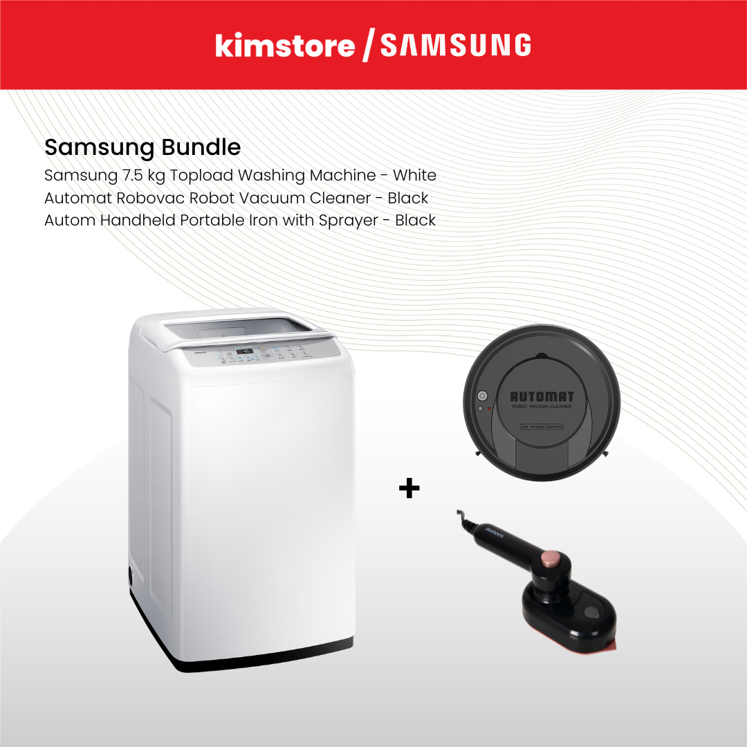 Bundle: Samsung 7.5 kg Topload Washing Machine + Automat Robovac Vacuum Cleaner + Autom Handheld Portable Iron (Pre-Order)