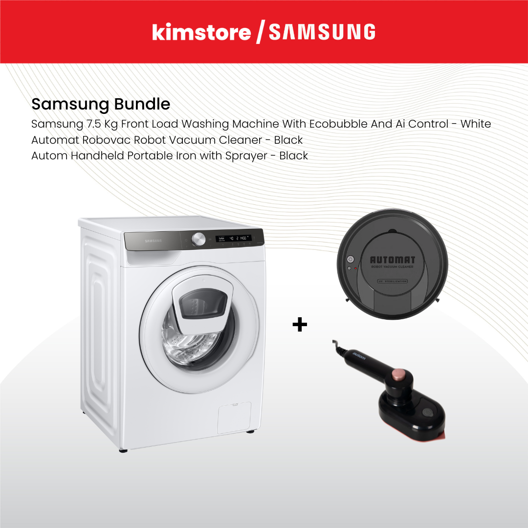 Bundle: Samsung 7.5 Kg Front Load Washing Machine With Ecobubble And Ai Control + Automat Robovac Vacuum Cleaner + Autom Handheld Portable Iron (Pre-Order)