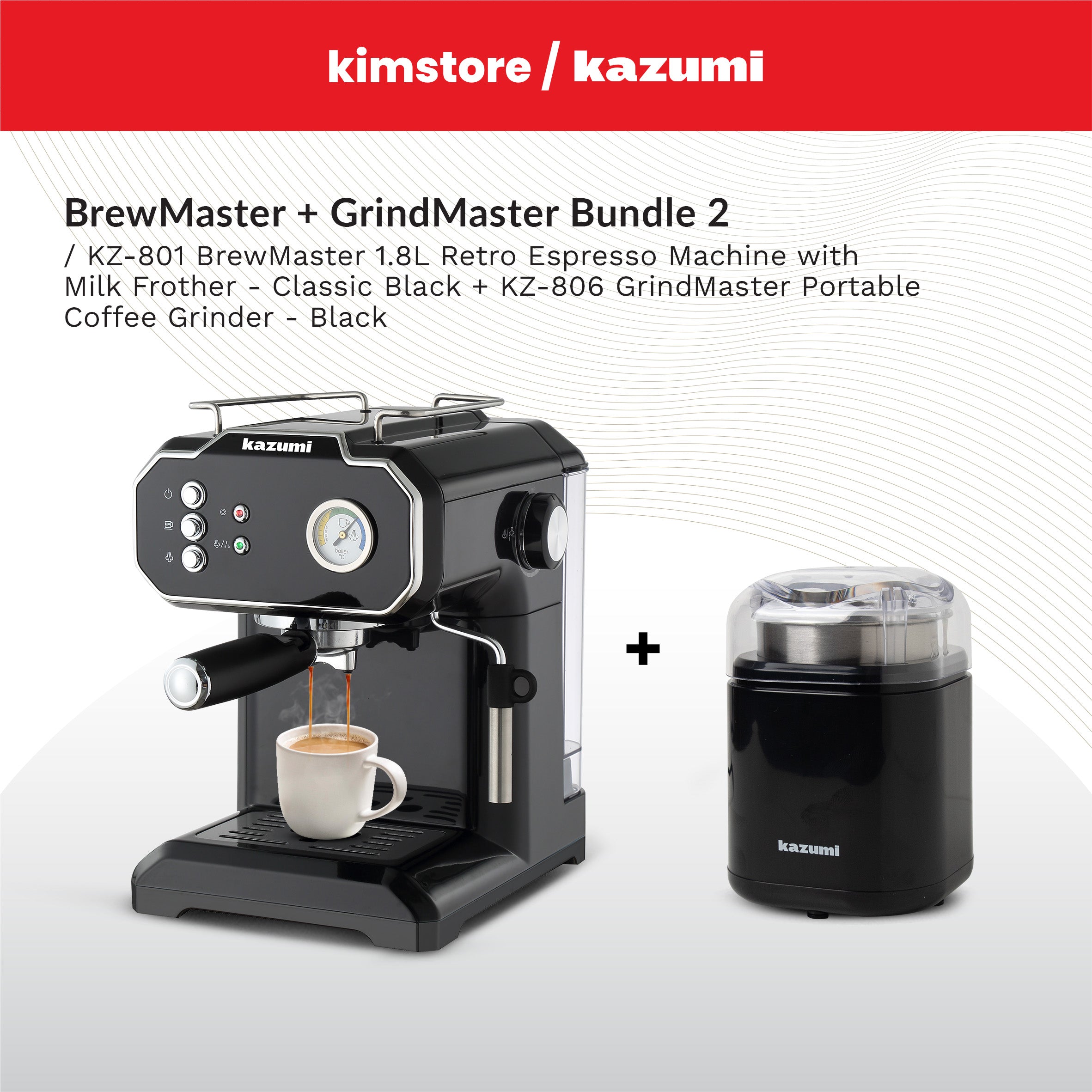 BUNDLE: Kazumi BrewMaster Espresso Machine with Milk Frother + Kazumi GrindMaster Coffee Grinder