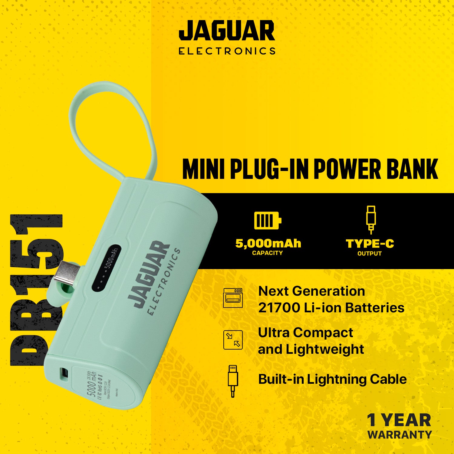 Jaguar Electronics PB151 Mini Plug In Power Bank 5000mAh Type-C