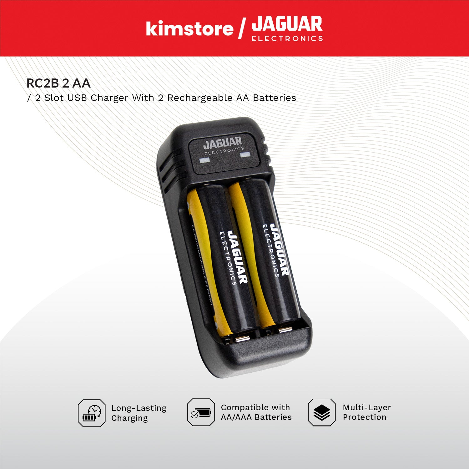 Jaguar Electronics RC2B 2-Slot USB Charger with 2 Rechargeable Batteries