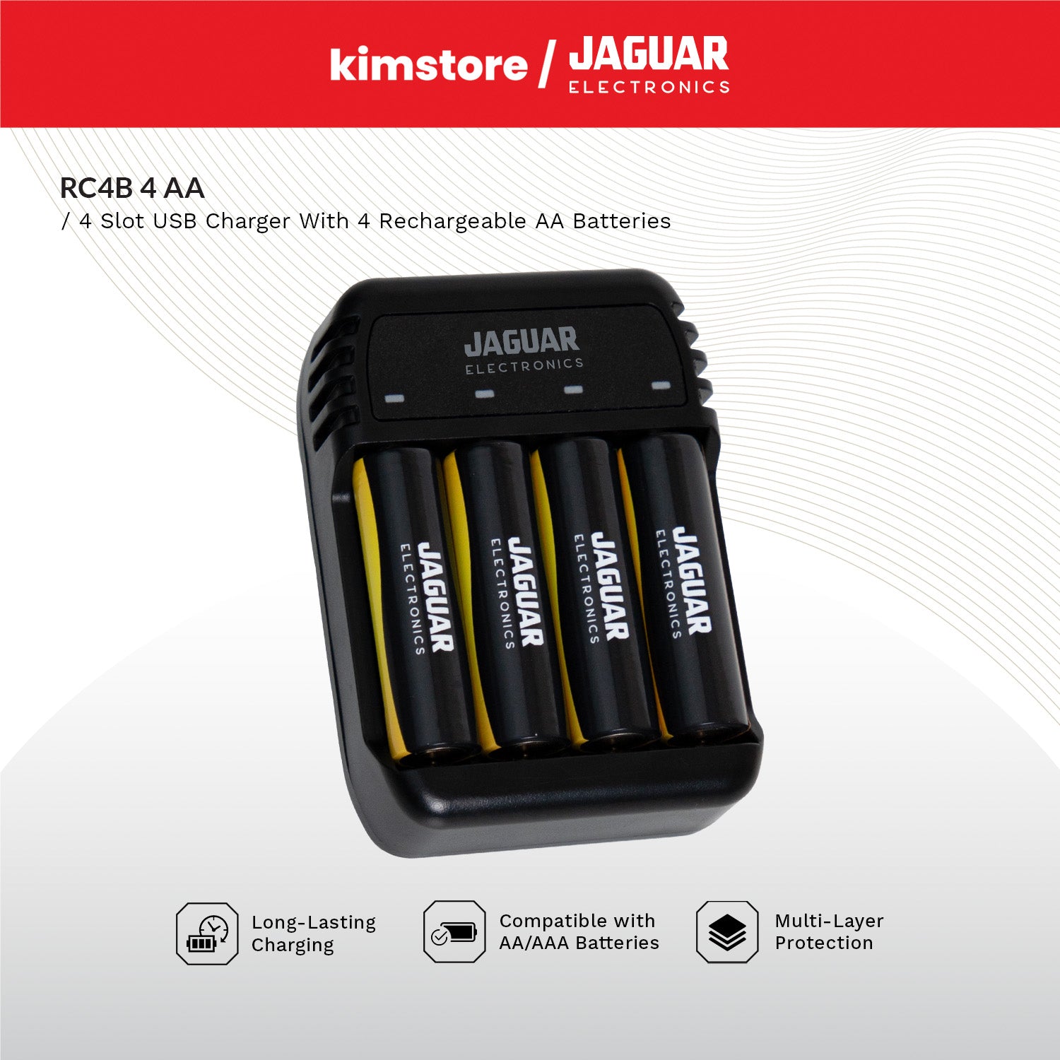 Jaguar Electronics RC4B 4-Slot USB Charger with 4 Rechargeable Batteries