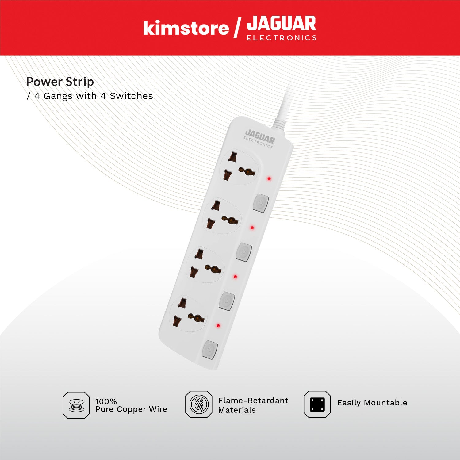 Jaguar Electronics PS-44GS  Power Strip 4-Gang with 4 Switches