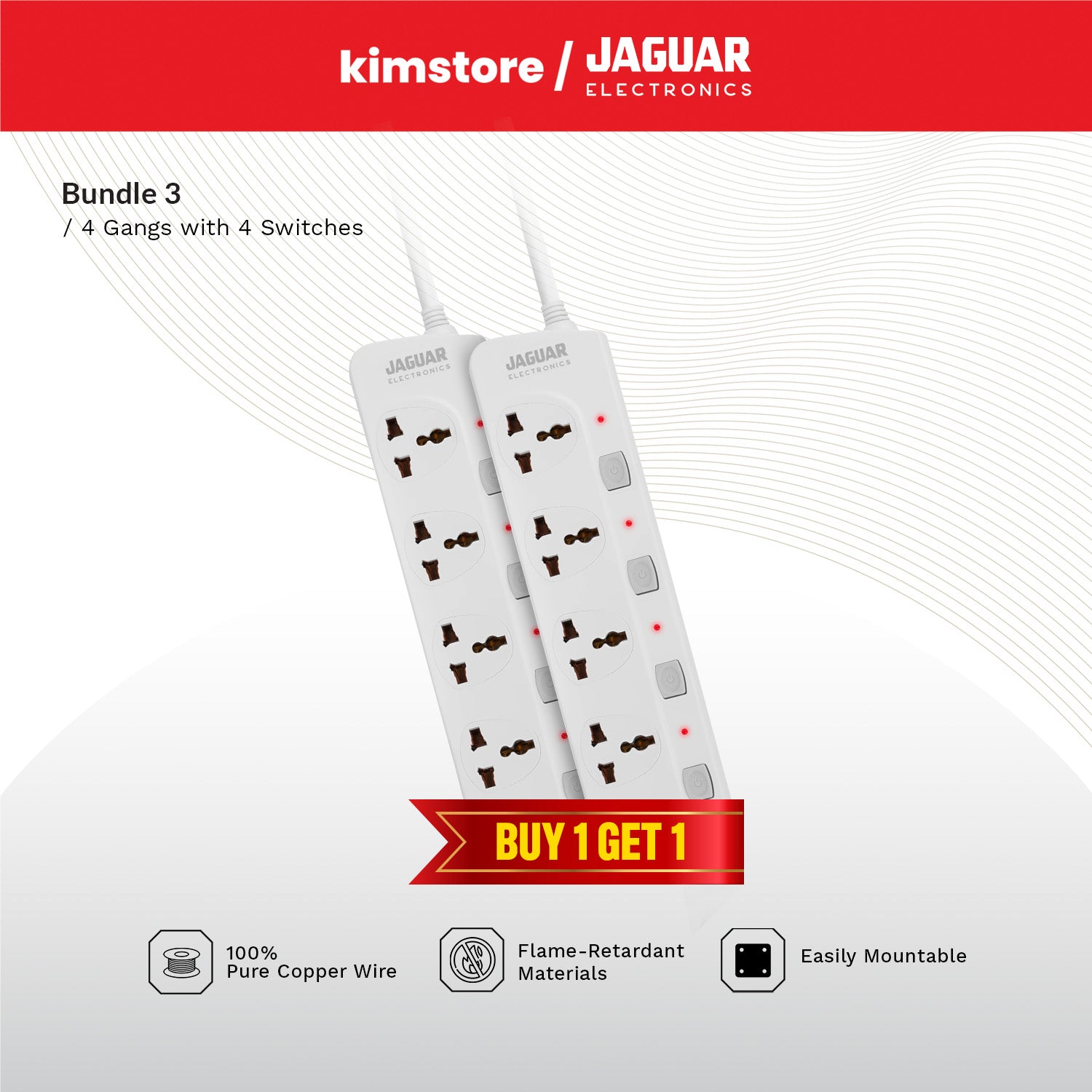 Jaguar Electronics PS-44GS  Power Strip 4-Gang with 4 Switches