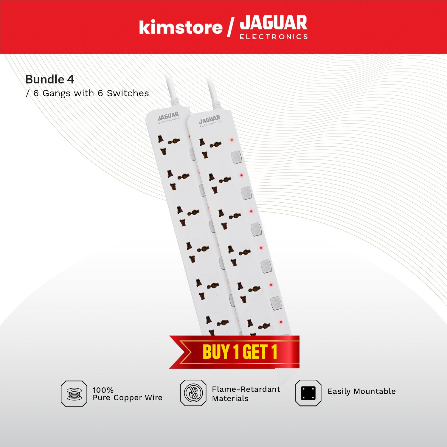 Jaguar Electronics PS-66GS Power Strip 6-Gang with 6 Switches