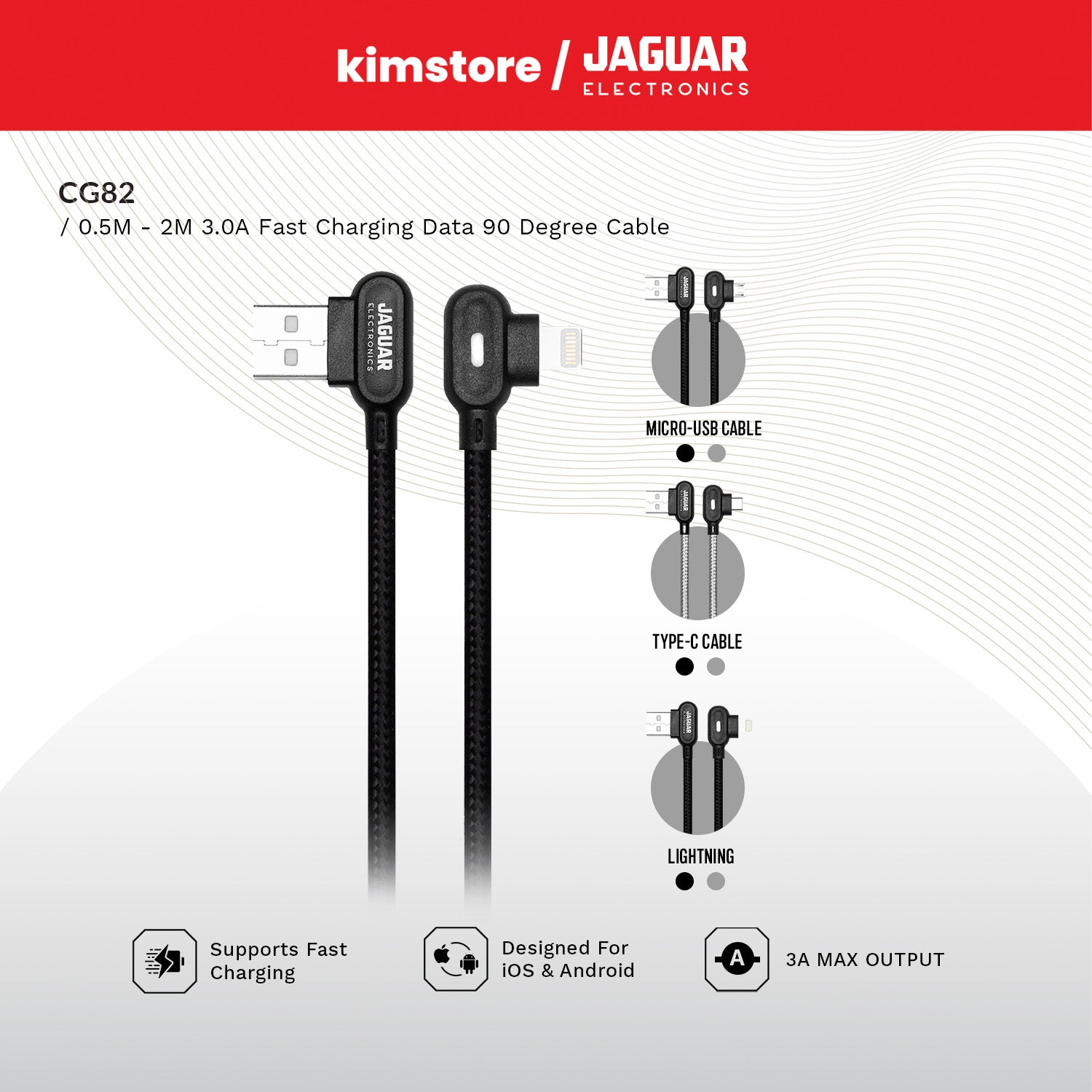 Jaguar Electronics CG82 3.0A 2 Meters Fast Charging Data 90 Degree Cable