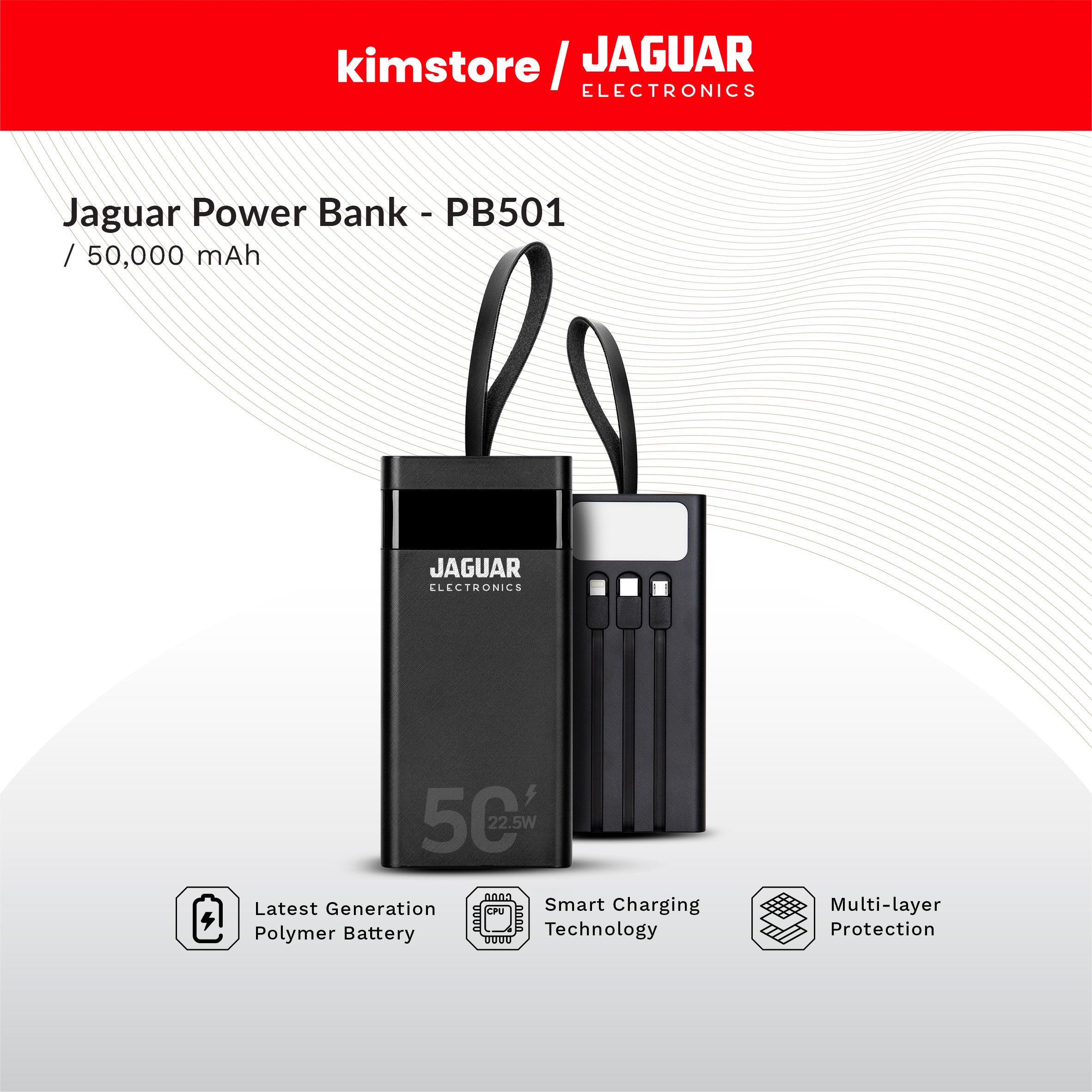 [OPEN BOX] [B] Jaguar Electronics Pb501 50000Mah Qc3.0 + Pd Digital Display Power Bank 22.5W - Black