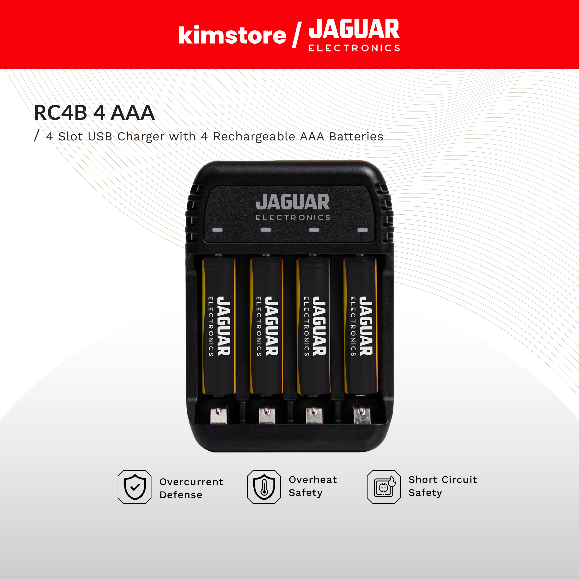 [OPEN BOX [C] Jaguar Electronics Rc4B 4-Slot Usb Charger With 4 Rechargeable Aaa Batteries - Black