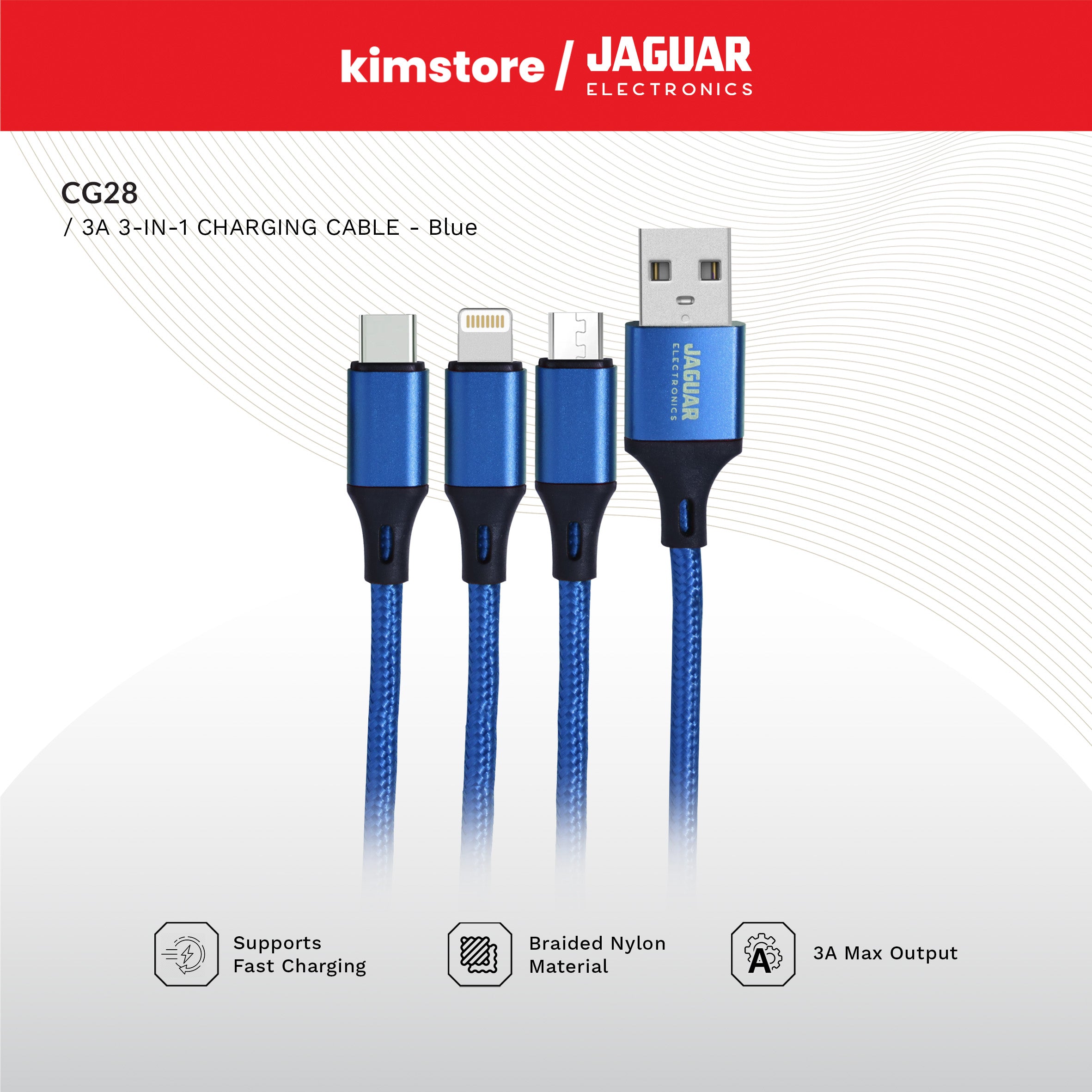 Jaguar Electronics CG28 1.5A - 2.8A 1 Meter Fast Charging 3-in-1 Cable