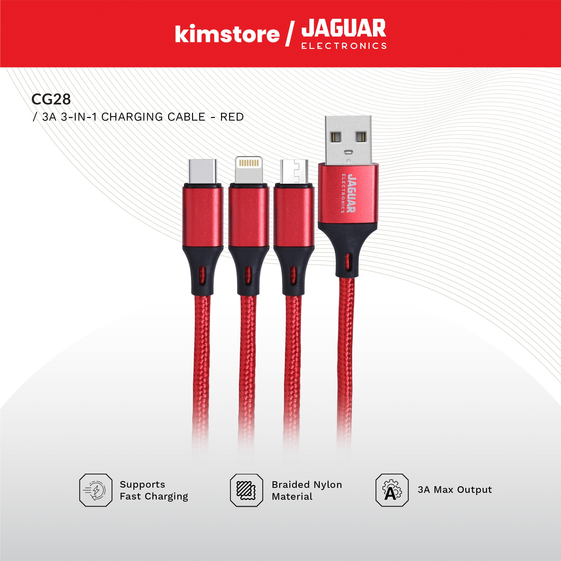 Jaguar Electronics CG28 1.5A - 2.8A 1 Meter Fast Charging 3-in-1 Cable