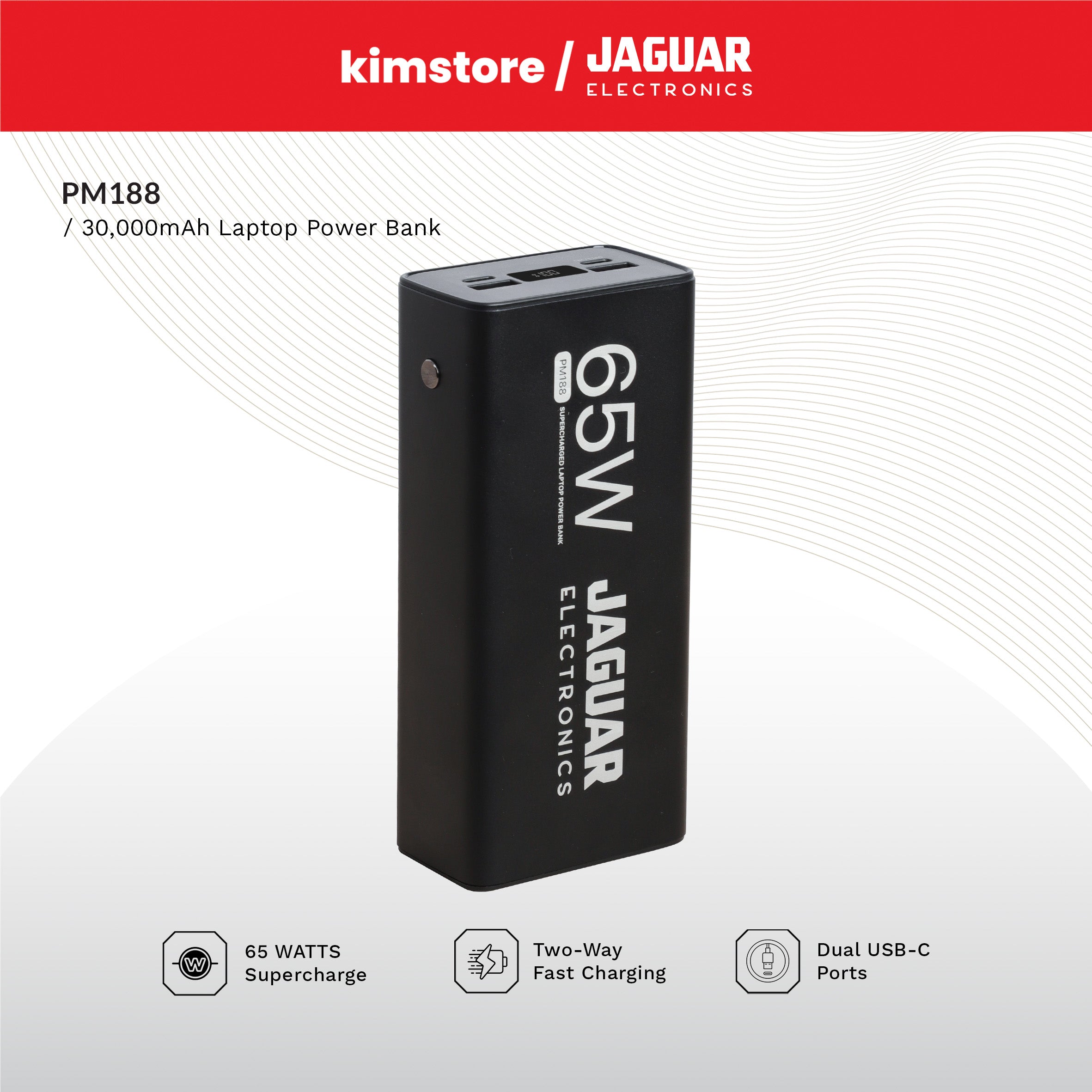 [OPEN BOX] [B] Jaguar Electronics Laptop Power Bank Pm188 Pd 65W 30000Mah With 100W Usb-C Cable - Black