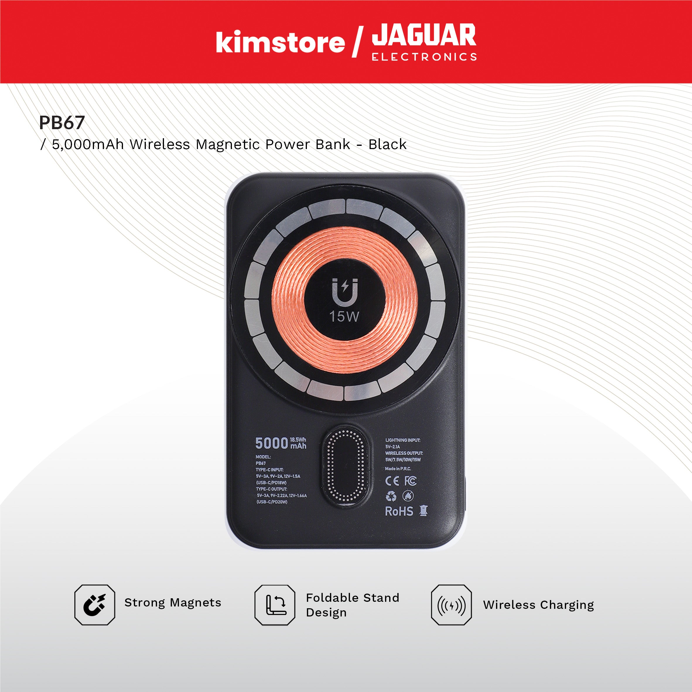 [OPEN BOX] [B] Jaguar Electronics Pb67 Magnetic Wireless PowerBank With Foldable Stand Pd20W 5000Mah