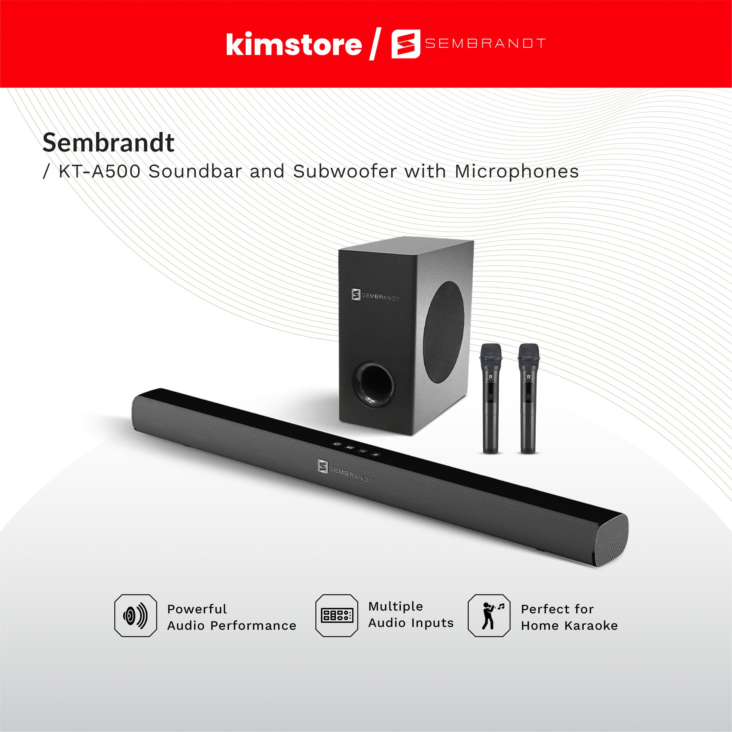 Sembrandt KT-A500 Soundbar and Subwoofer with Wireless Microphones