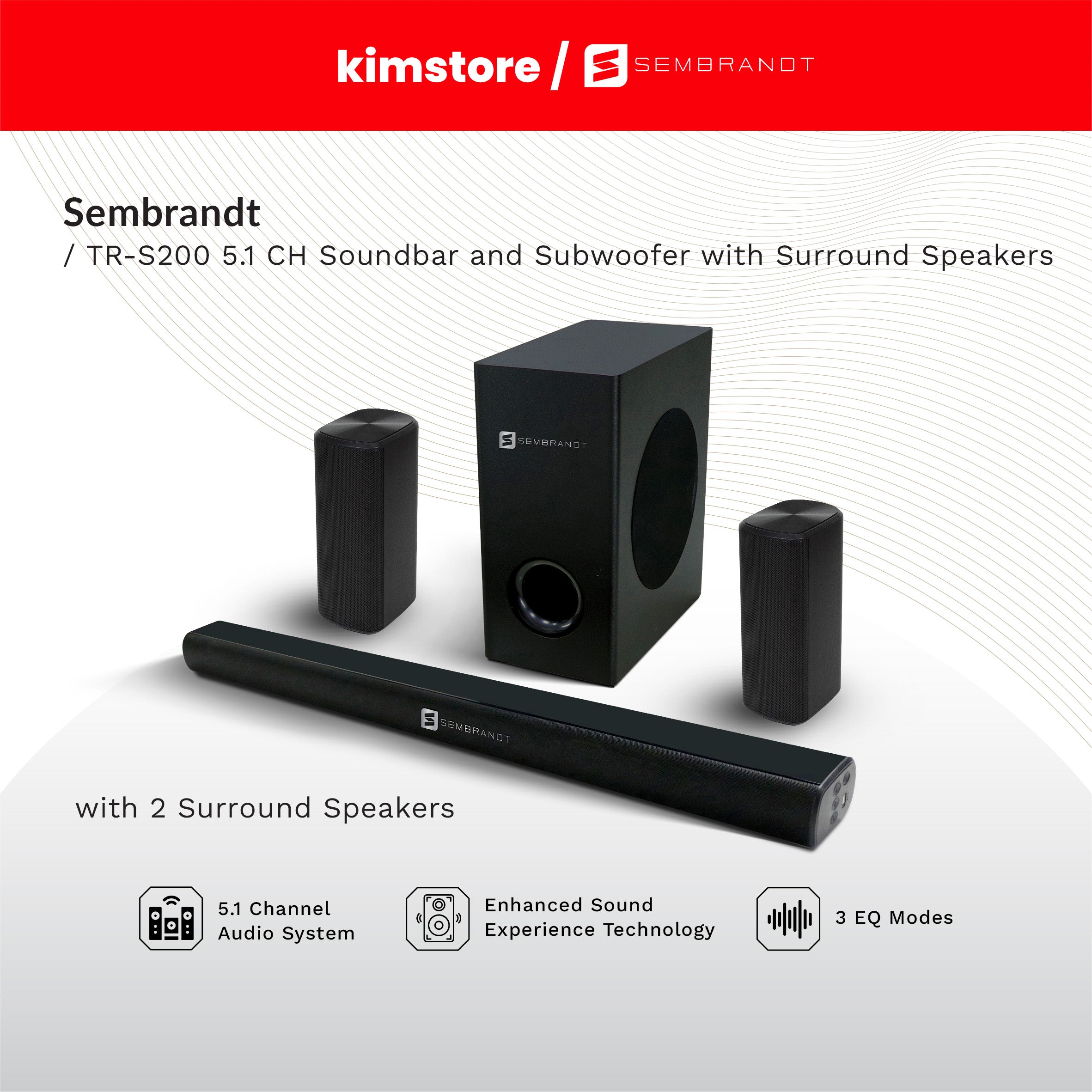 [OPEN BOX][B] SEMBRANDT TR-S200 5.1CH Soundbar System with Subwoofer and Surround Speakers - Black