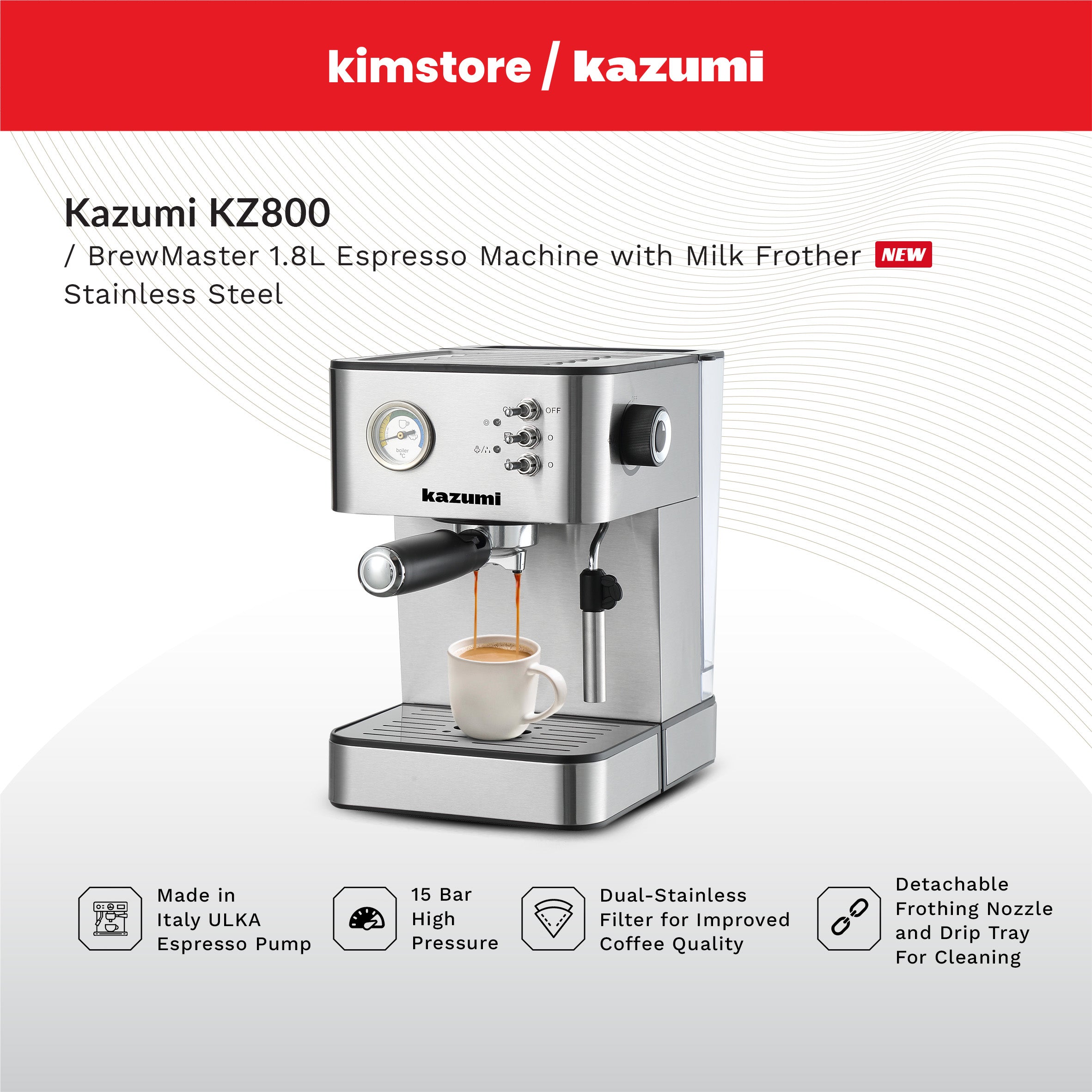 Kazumi KZ-800 BrewMaster 1.8L Espresso Machine with Milk Frother