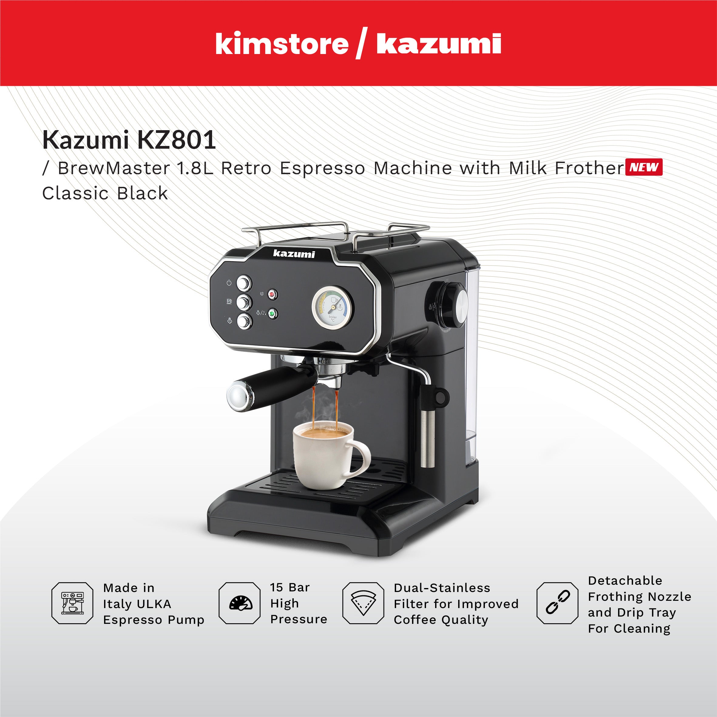 Kazumi KZ-801 BrewMaster 1.8L Retro Espresso Machine with Milk Frother