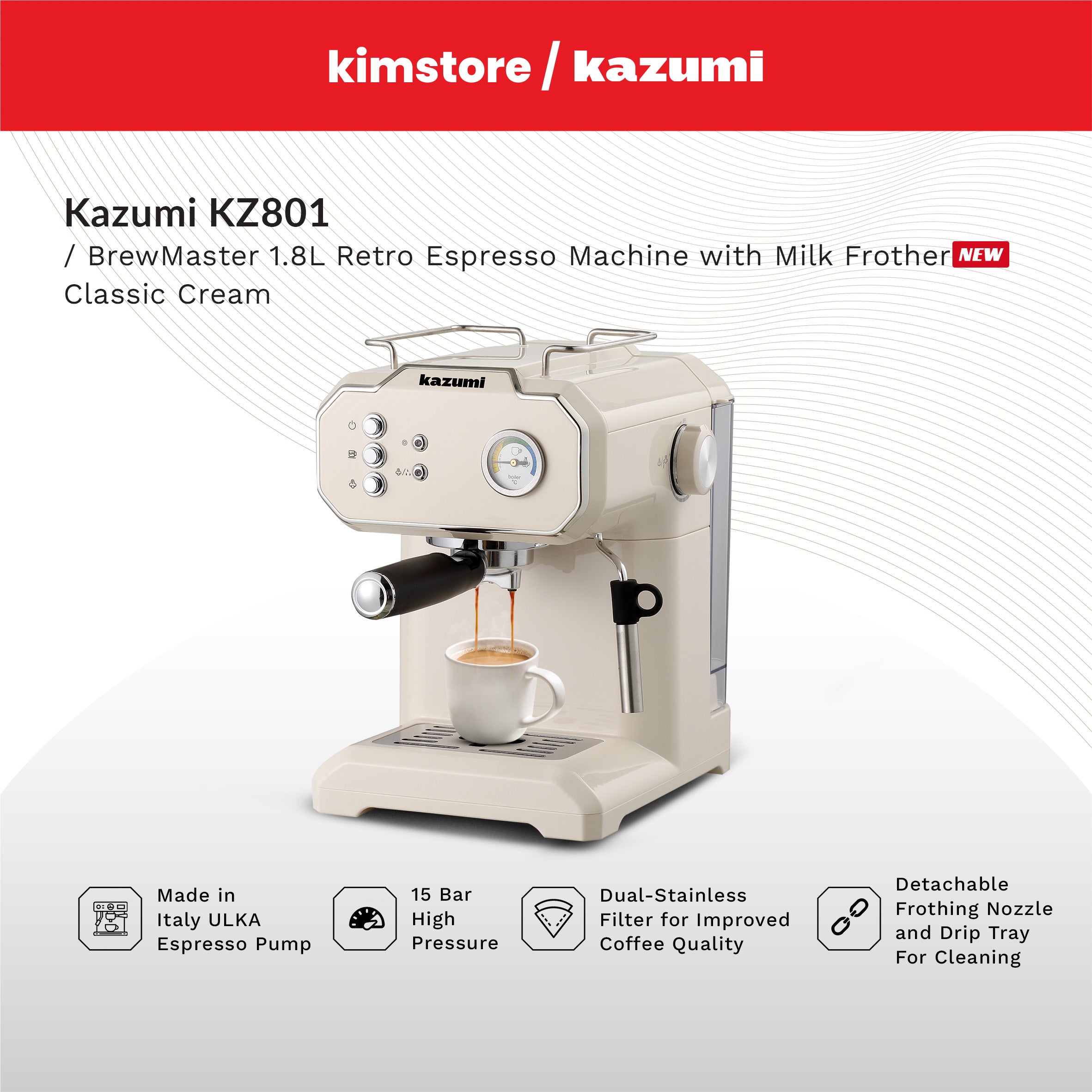 [OPEN BOX] [B] Kazumi Kz-801 Brewmaster 1.8L Retro Espresso Machine With Milk Frother - Classic Cream