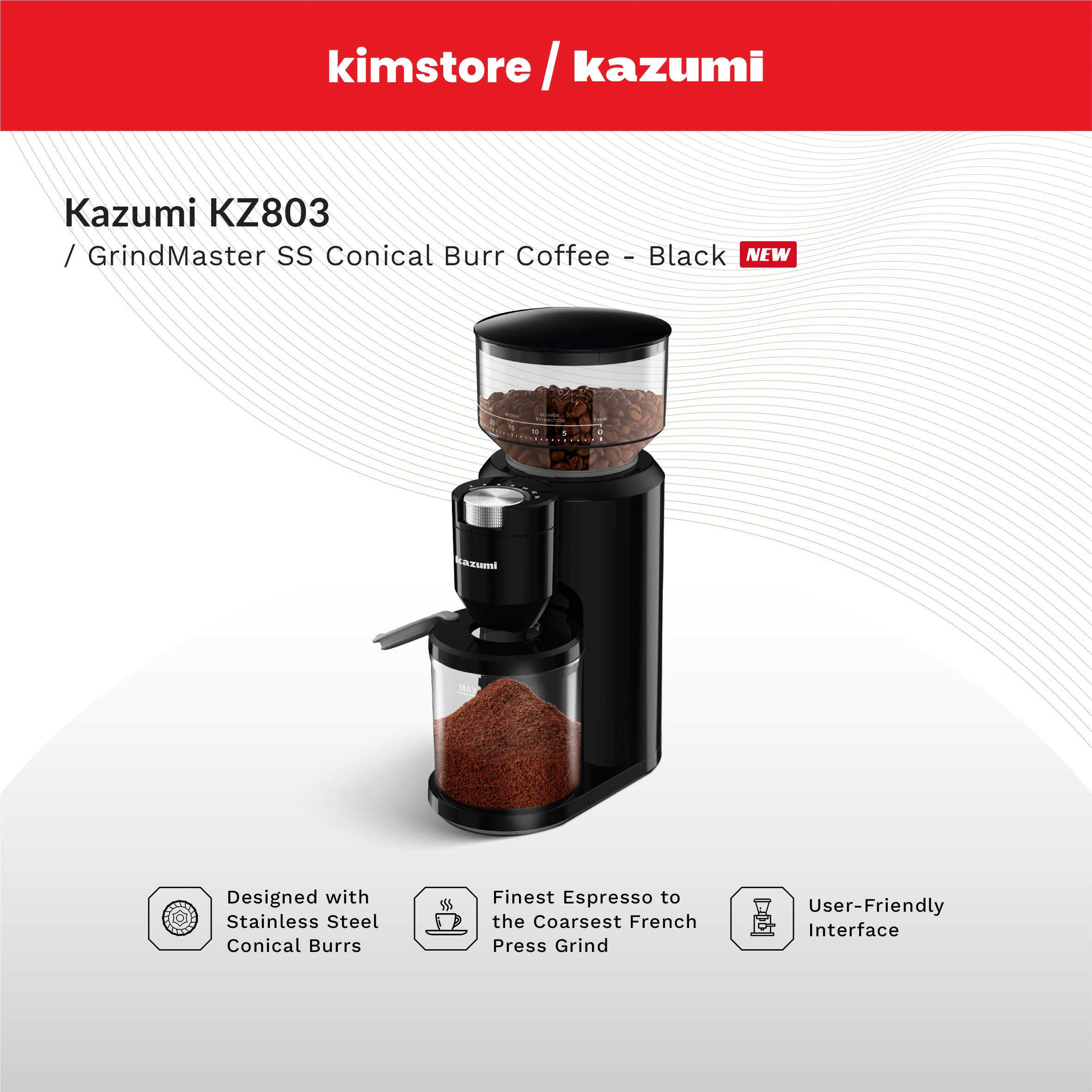 Kazumi KZ-803 GrindMaster SS Conical Burr Coffee Grinder