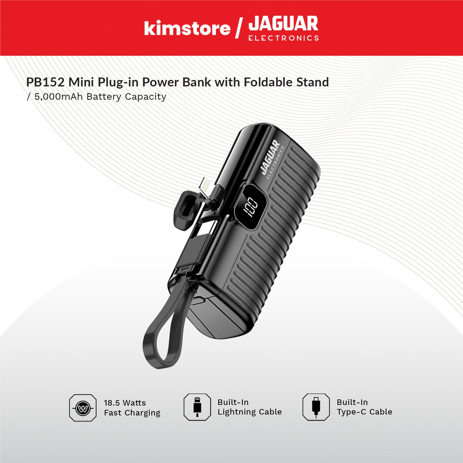 Jaguar Electronics PB152 Mini Plug In Power Bank with Digital Display 5000mAh Lightning