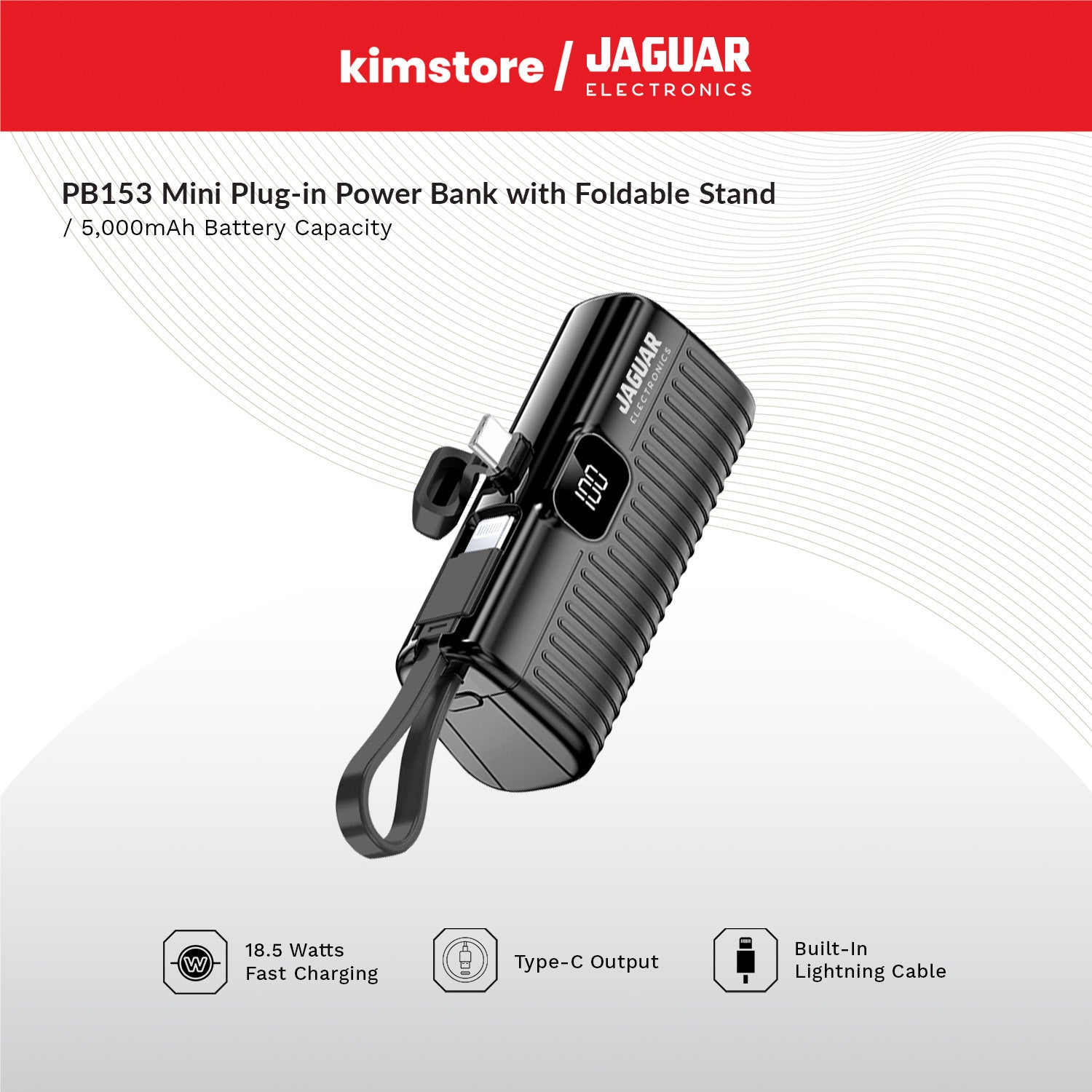 Jaguar Electronics PB153 Mini Plug In Power Bank with Digital Display 5000mAh Type-C