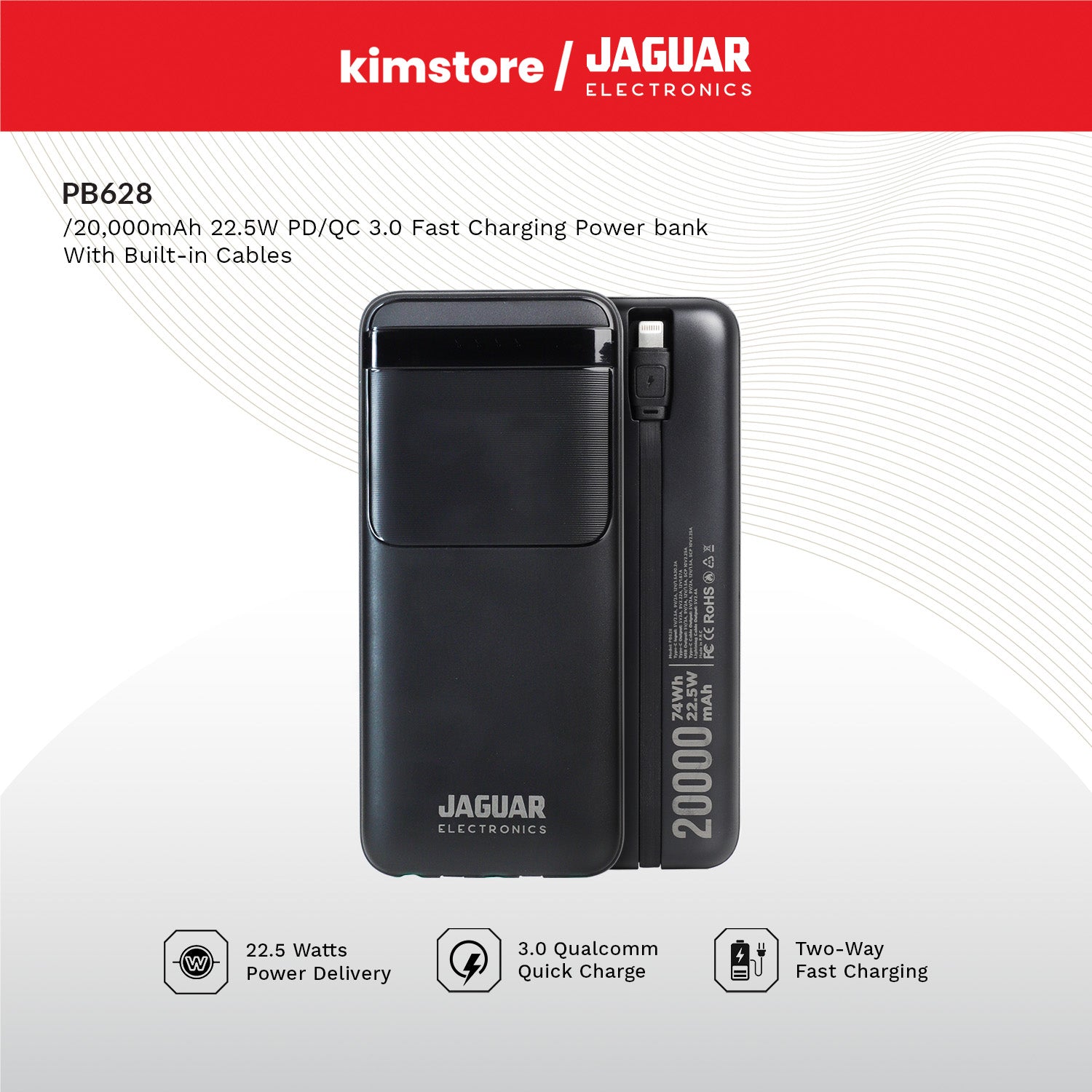 Jaguar Electronics PB628 20000mAh 22.5W PD/QC 3.0 Fast Charging Power bank With Built-in Cables