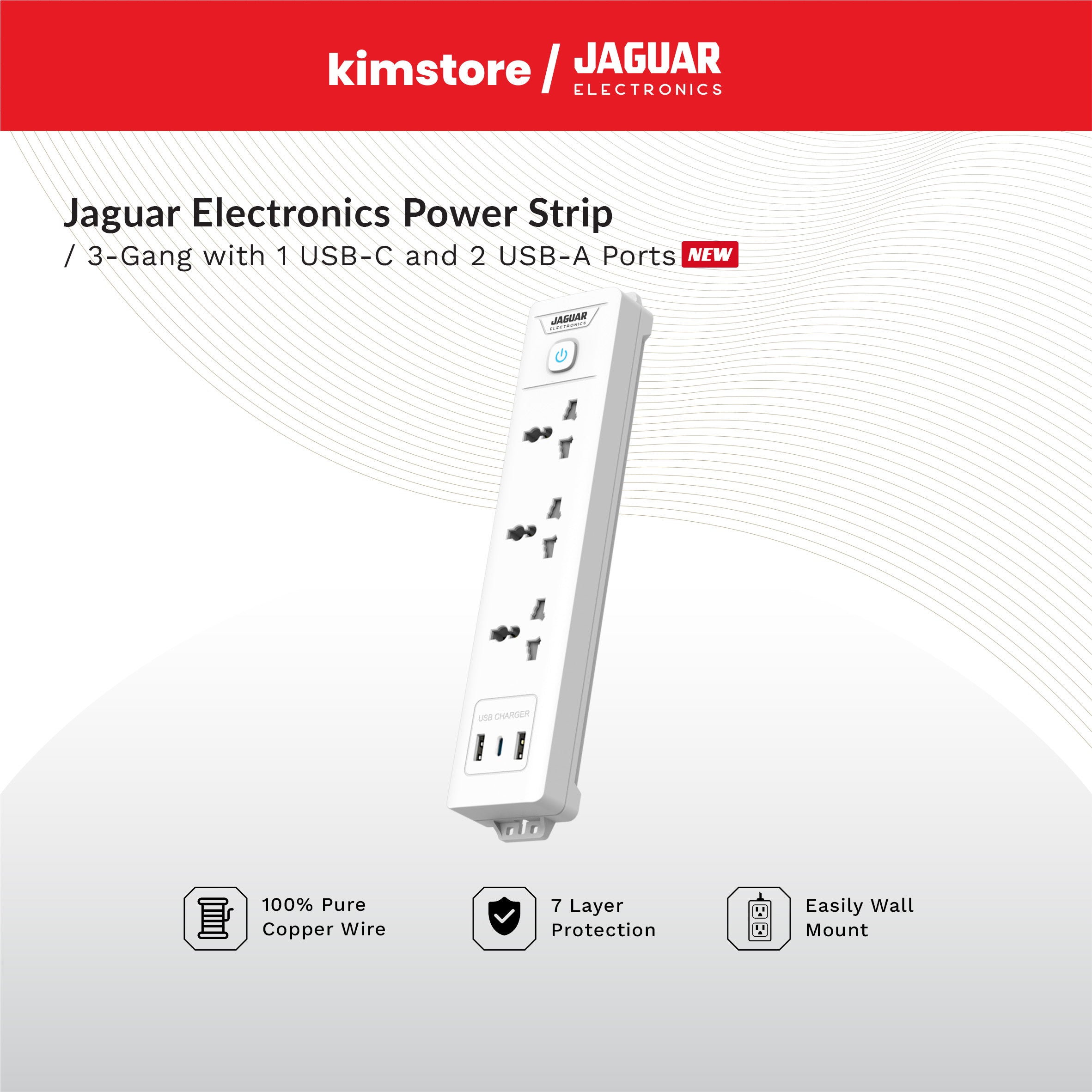 Jaguar Electronics PS-312GCA Power Strip 3-Gang with 1 USB-C and 2 USB-A Ports