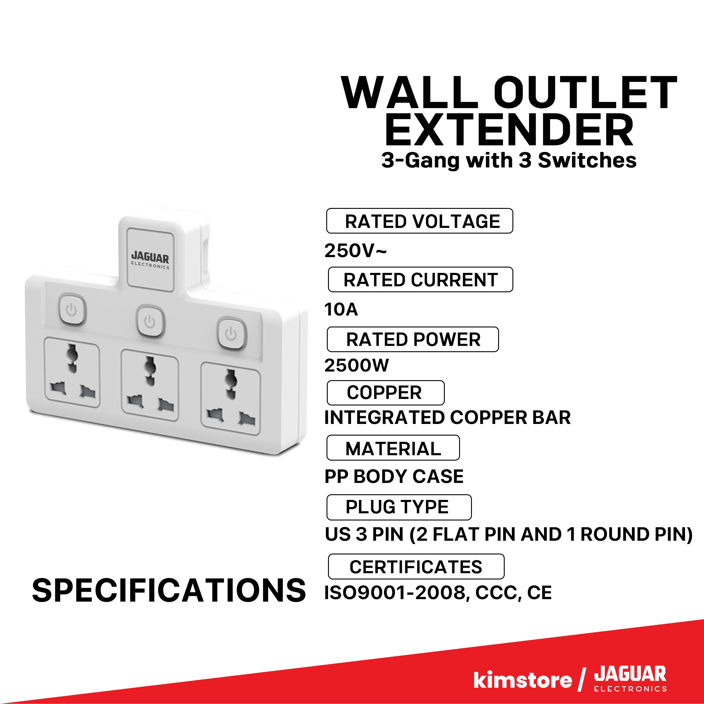 Jaguar Electronics WE-33GS Wall Outlet Extender 3-Gang with 3 Switches