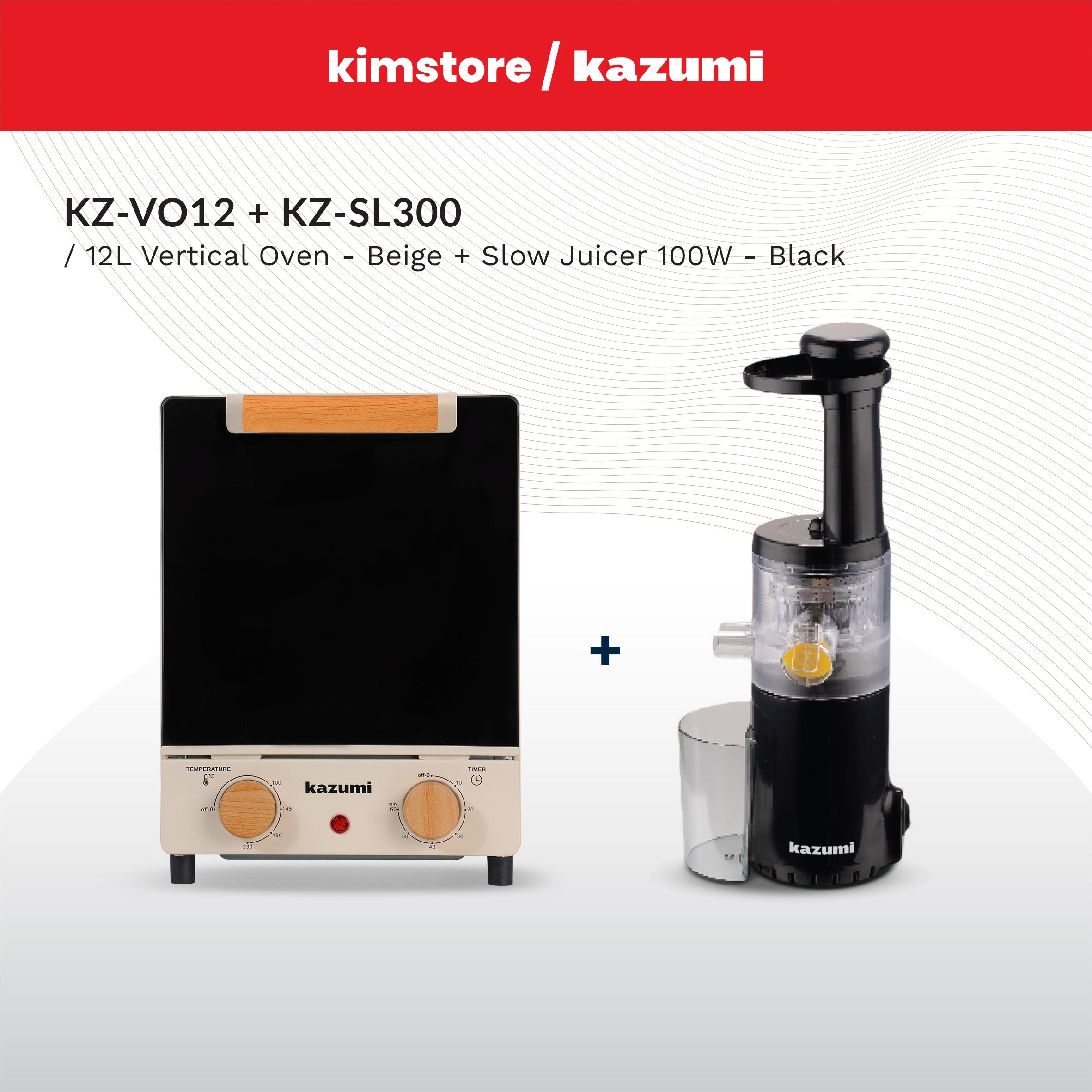 BUNDLE: Kazumi KZ-VO12 12L Vertical Oven - Beige + Kazumi KZ-SL300 Slow Juicer 100W - Black