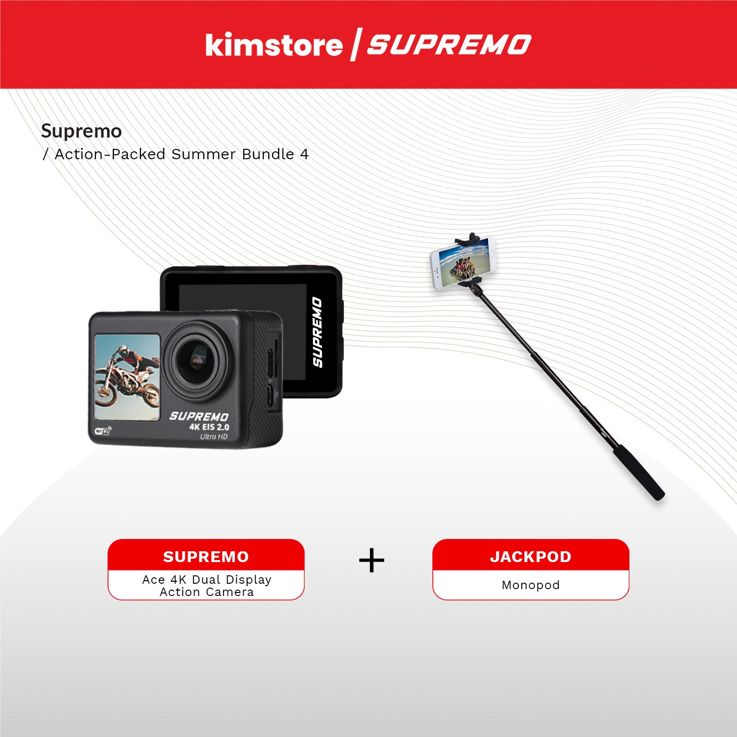 BUNDLE: Supremo Ace 4K Dual Display Waterproof Action Camera - Black + JACKPOD Monopod  - Black