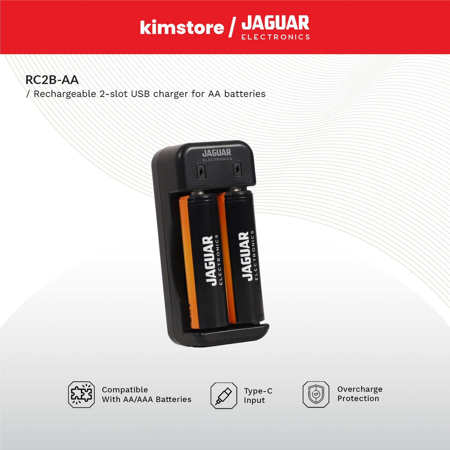 Jaguar Electronics RC2B Rechargeable 2-Slot USB-C Charger for AA Batteries  - Black