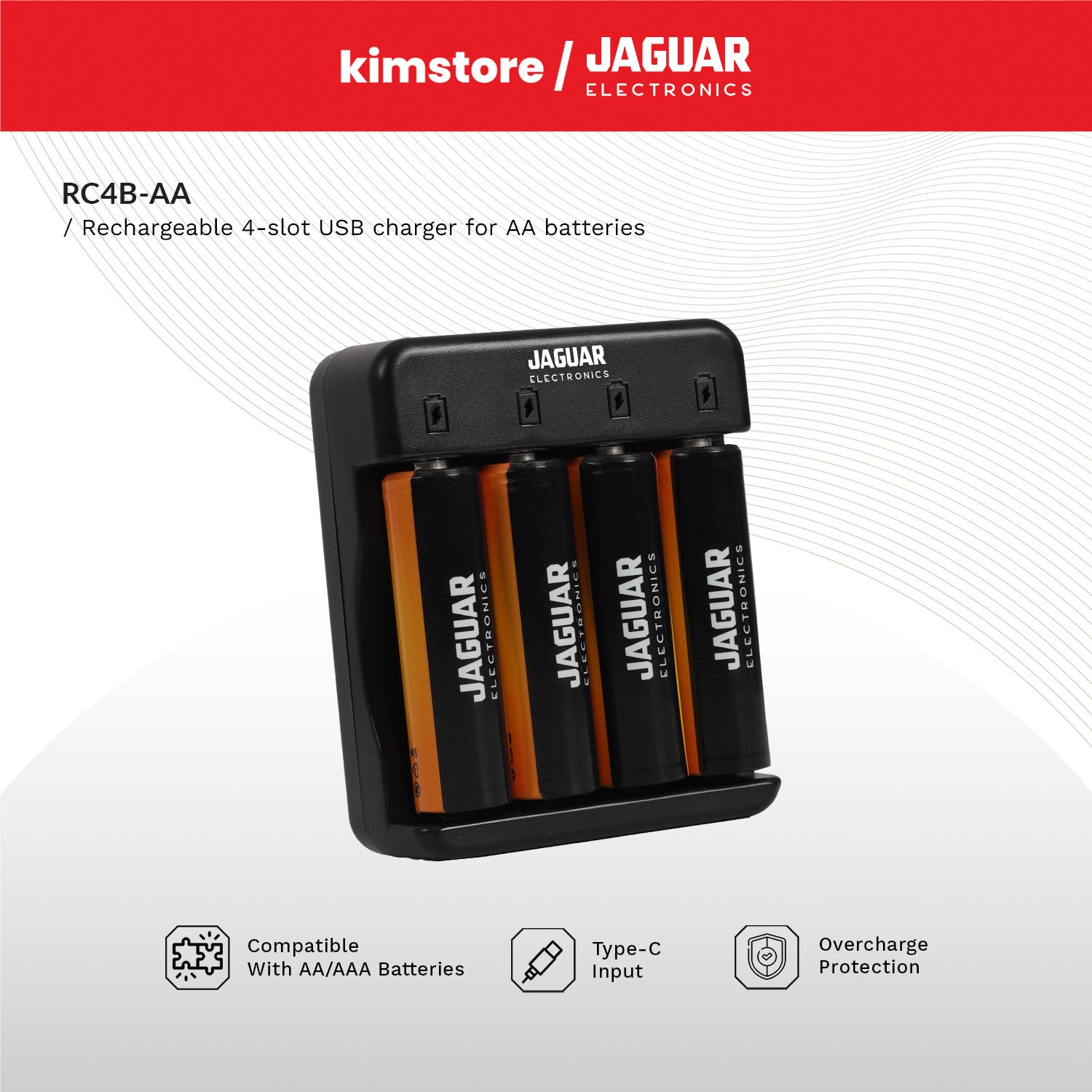 Jaguar Electronics RC4B Rechargeable 4-Slot USB-C Charger for AA Batteries - Black