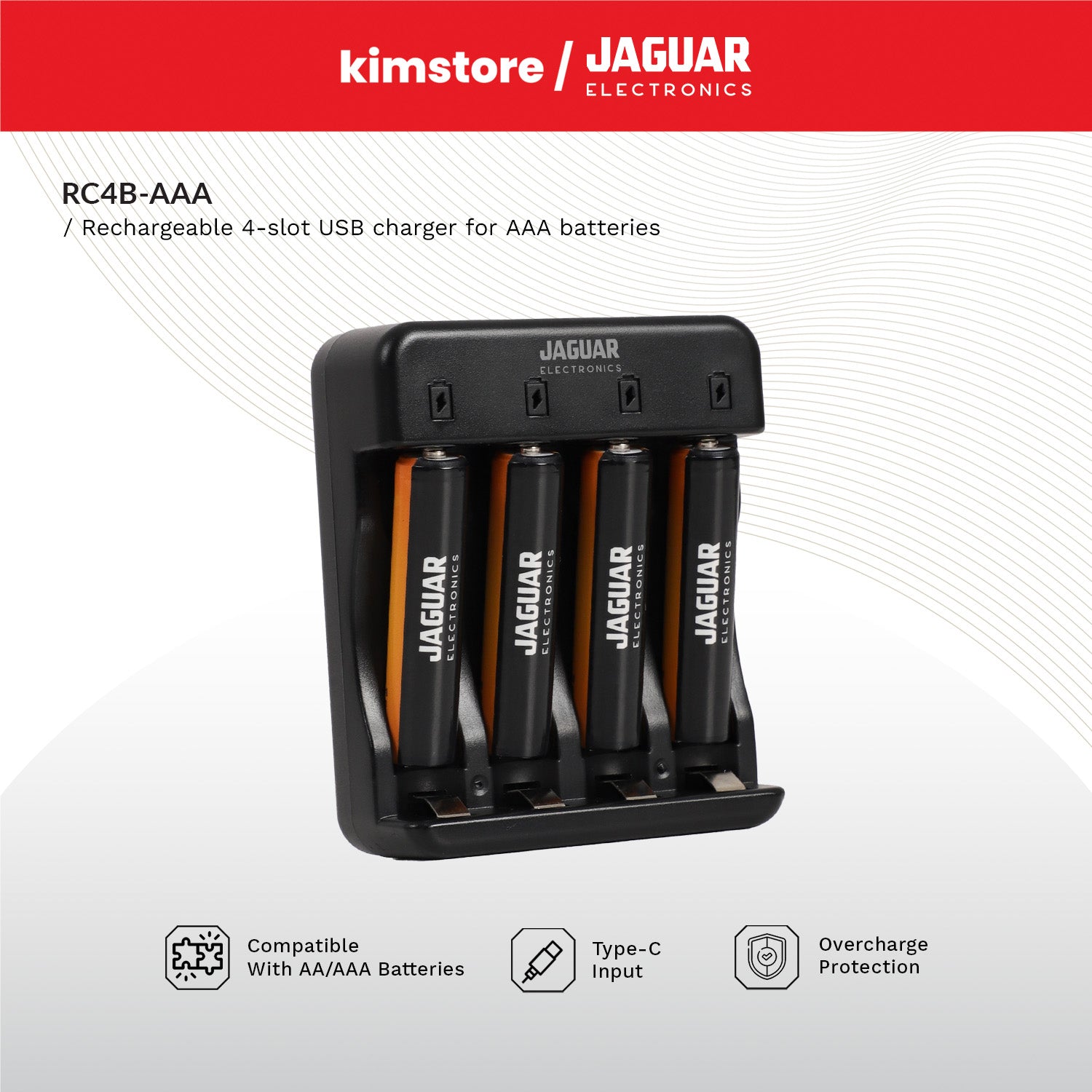 Jaguar Electronics RC4B Rechargeable 4-Slot USB-C Charger for AAA Batteries - Black