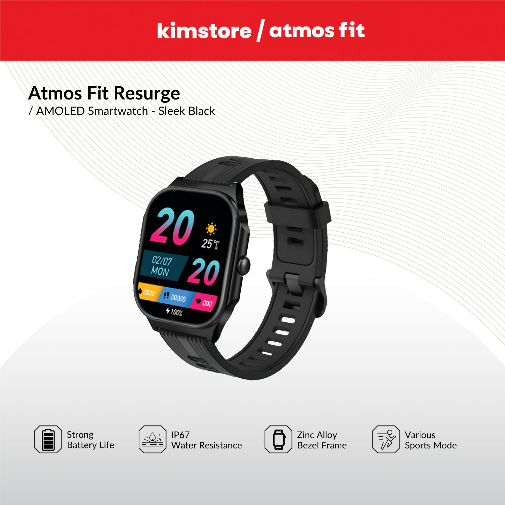 Atmos Fit Resurge AMOLED Smartwatch - Sleek Black